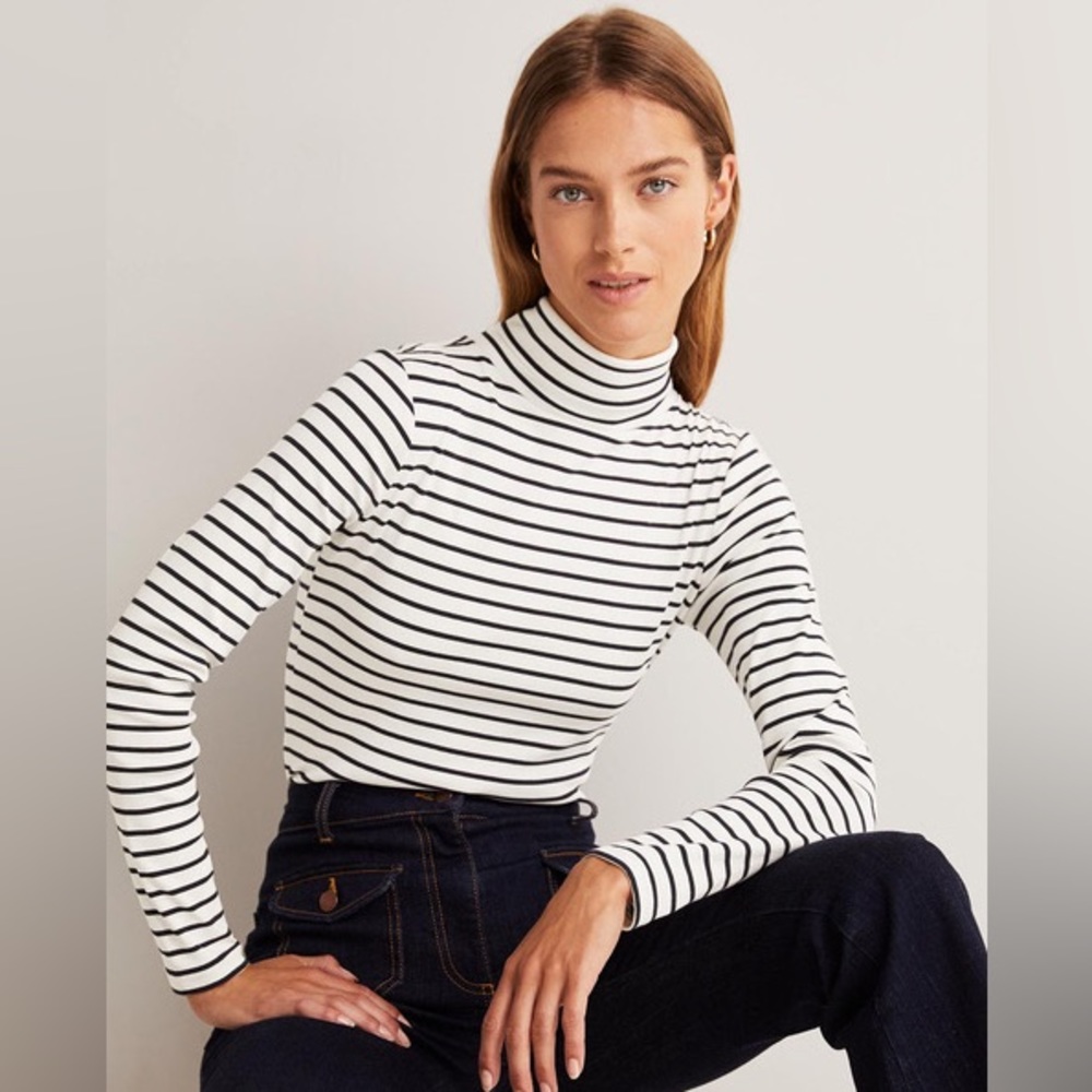 NWT Boden Womens Essential Roll-neck Top Ivory / Navy Stripe Size Large